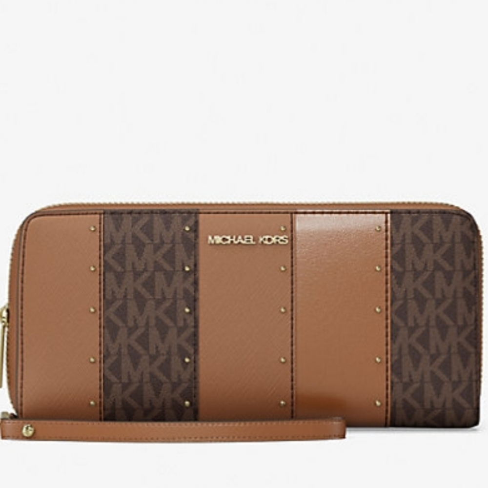 Michael Kors Jet Set Large Studded Patchwork And Canvas Continental Wallet